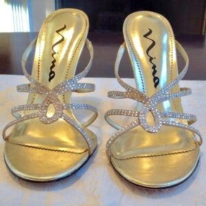 Nina Gold Leather Crystal Embellished Slide Heels Leather Footbed & Sole Size 8